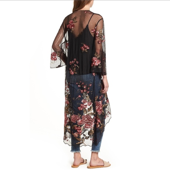 Band of Gypsies Sunset Sheer Embroidered Kimono In Black/ Rose - Picture 15 of 16